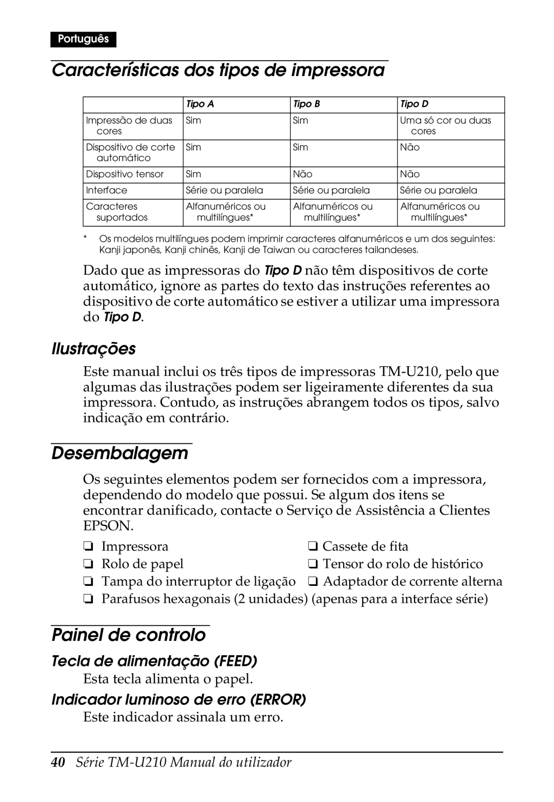 Epson M119A, M119B, M119D, TM-U210B Características dos tipos de impressora, Desembalagem, Painel de controlo, Ilustrações 