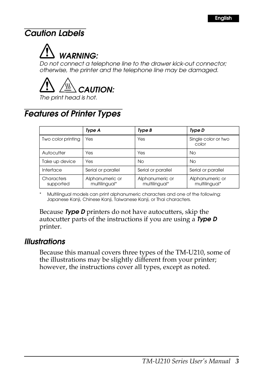 Epson M119B, M119D, M119A, TM-U210B, TM-U210 Series user manual Features of Printer Types, Illustrations 