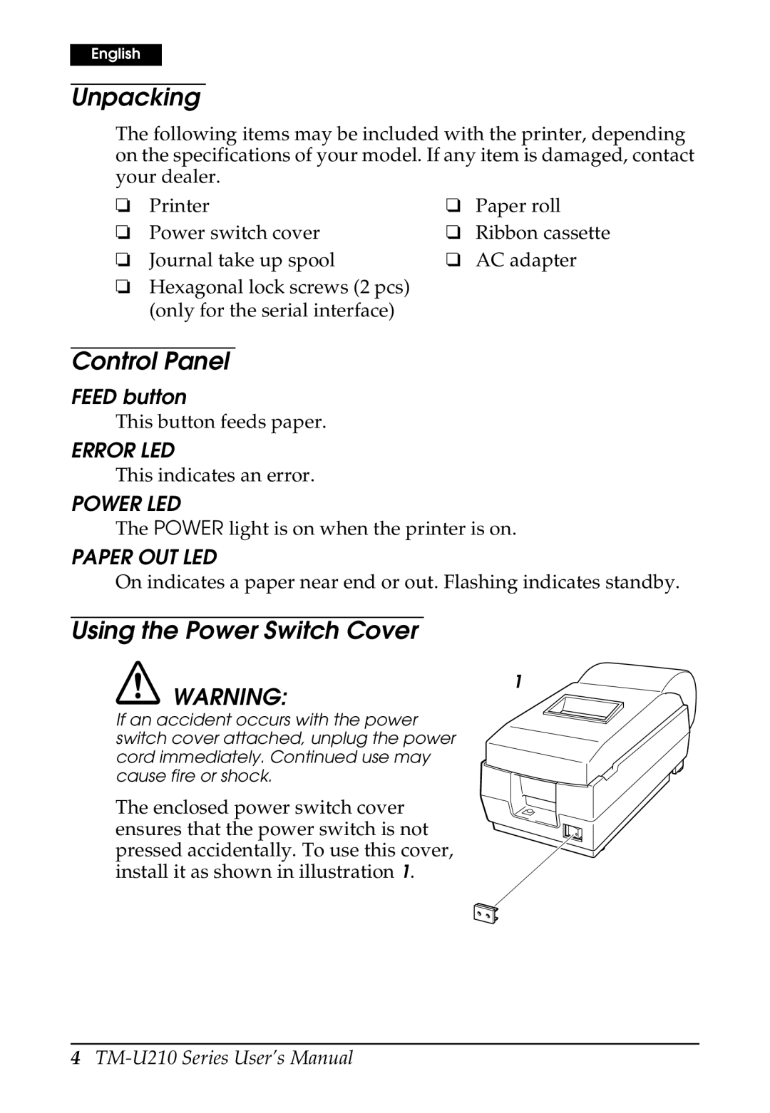 Epson M119D, M119B, M119A, TM-U210B, TM-U210 Series Unpacking, Control Panel, Using the Power Switch Cover, Feed button 