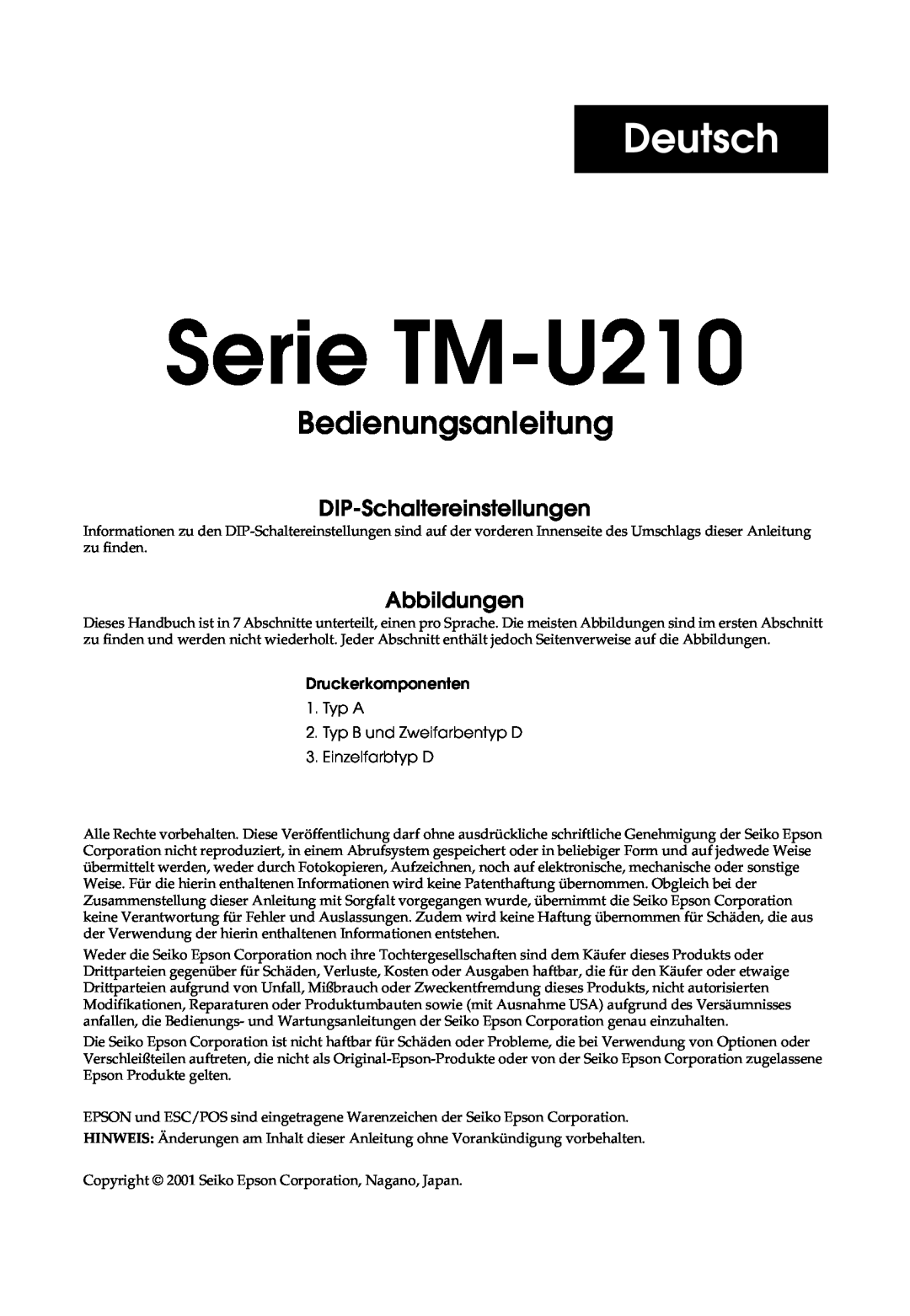Epson TM-U210B, M119B, M119D, M119A Serie TM-U210, Deutsch, Bedienungsanleitung, DIP-Schaltereinstellungen, Abbildungen 