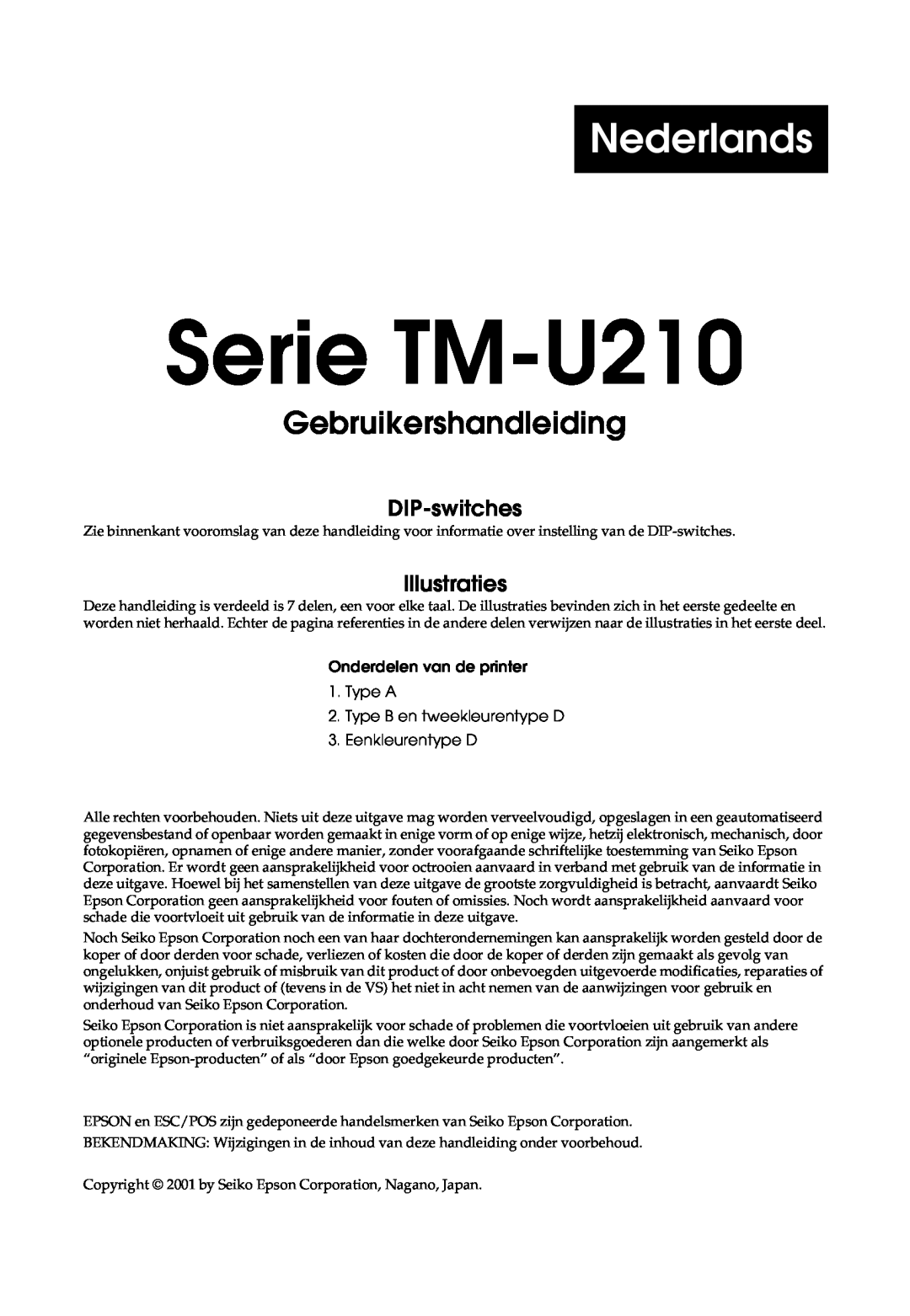 Epson TM-U210B, M119B, M119D, M119A Nederlands, Gebruikershandleiding voor de Serie TM-U210, DIP-switches, Illustraties 