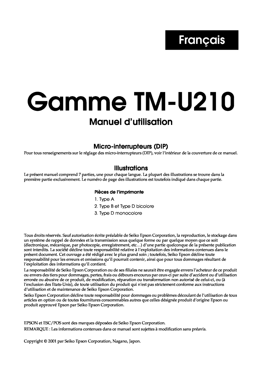 Epson M119D Français, Manuel d’utilisation, Manuel dutilisation de l’imprimante Gamme TM-U210, Micro-interrupteurs DIP 