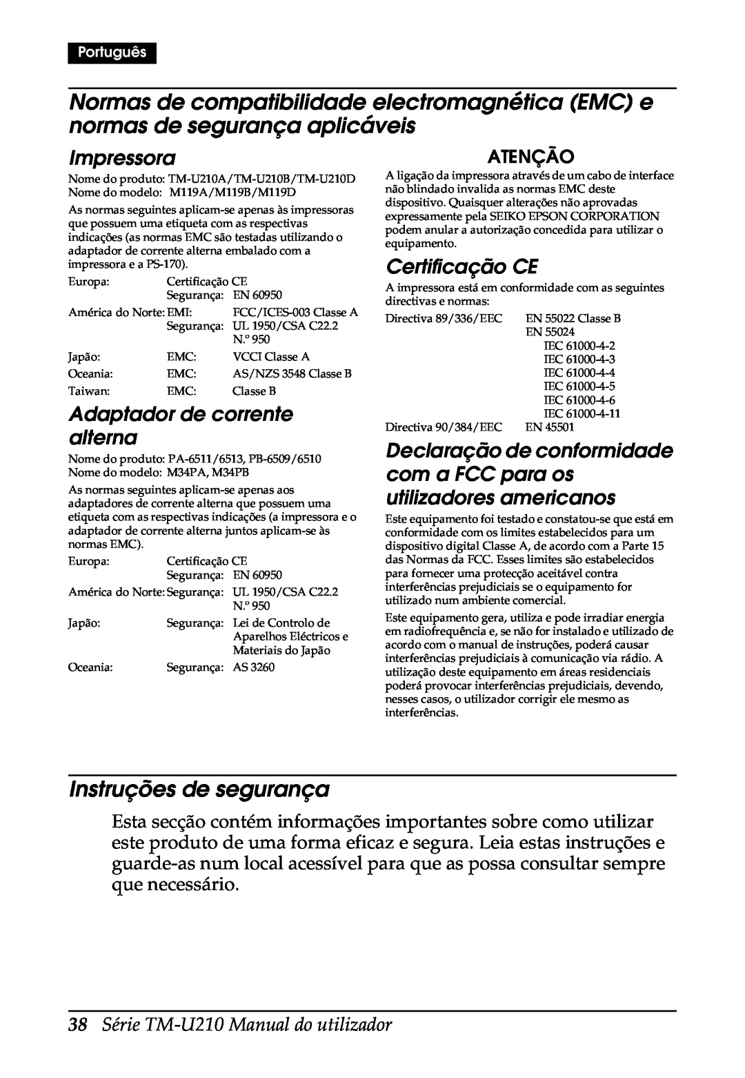 Epson M119B, M119D Instruções de segurança, Impressora, Adaptador de corrente alterna, Certificação CE, Atenção, Português 