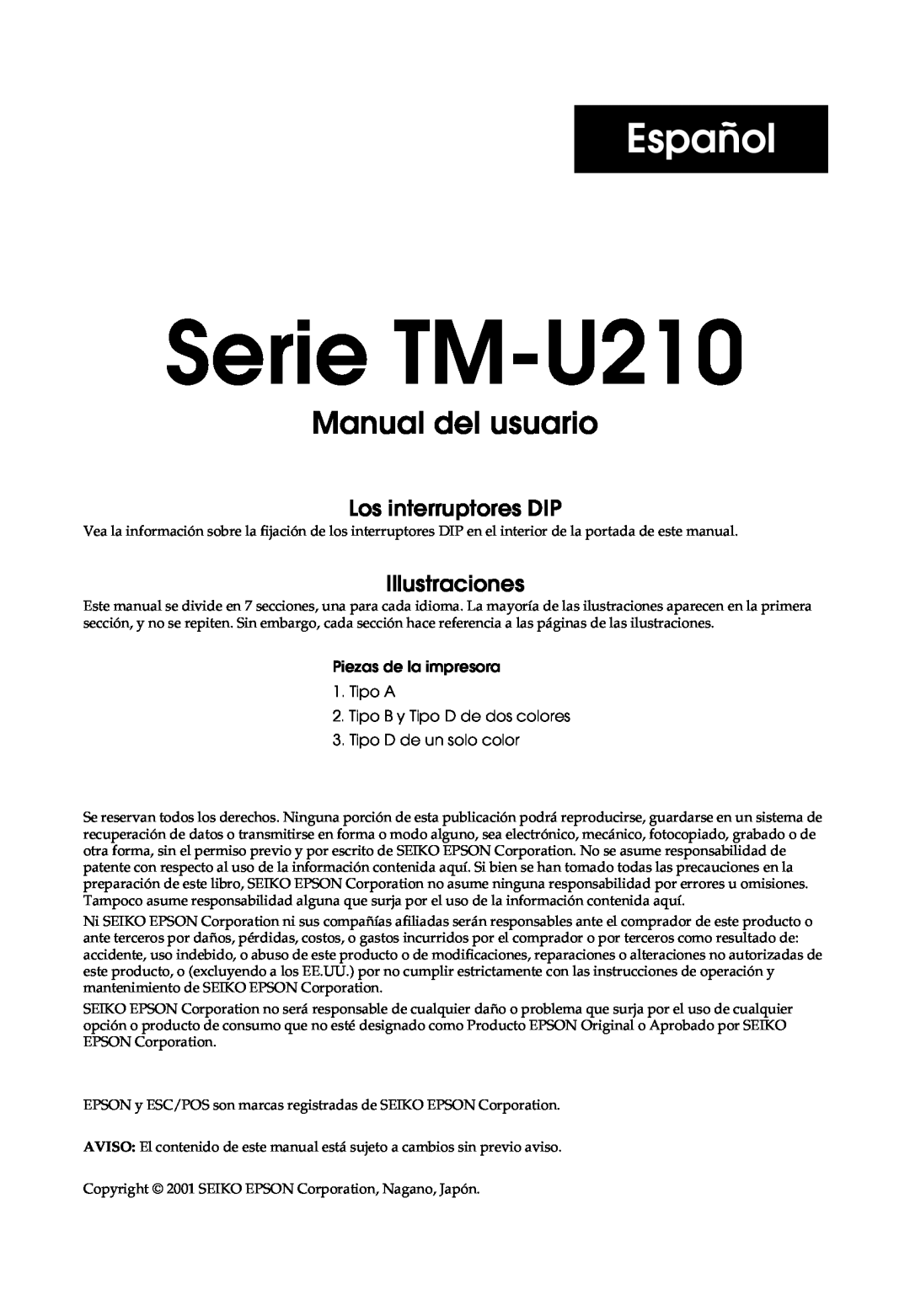 Epson TM-U210 Series, M119B, M119D Español, Manual del usuario del Serie TM-U210, Los interruptores DIP, Illustraciones 