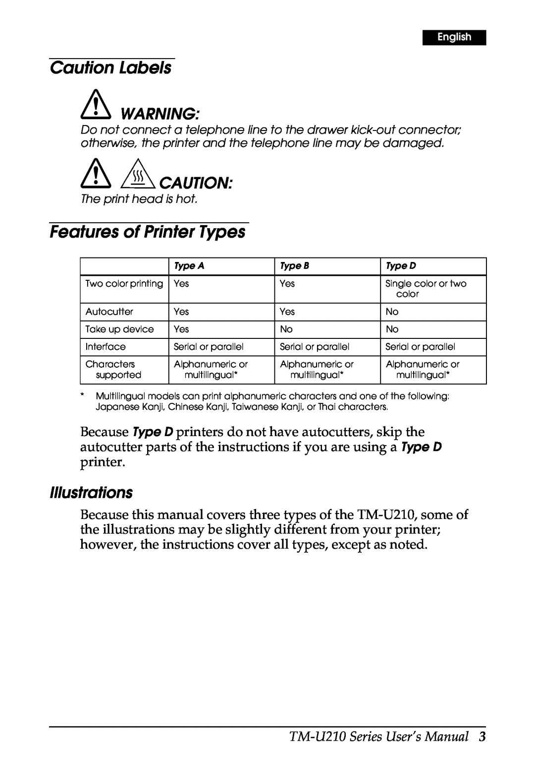 Epson M119B, M119D, M119A, TM-U210B Caution Labels, Features of Printer Types, Illustrations, TM-U210 Series User’s Manual 