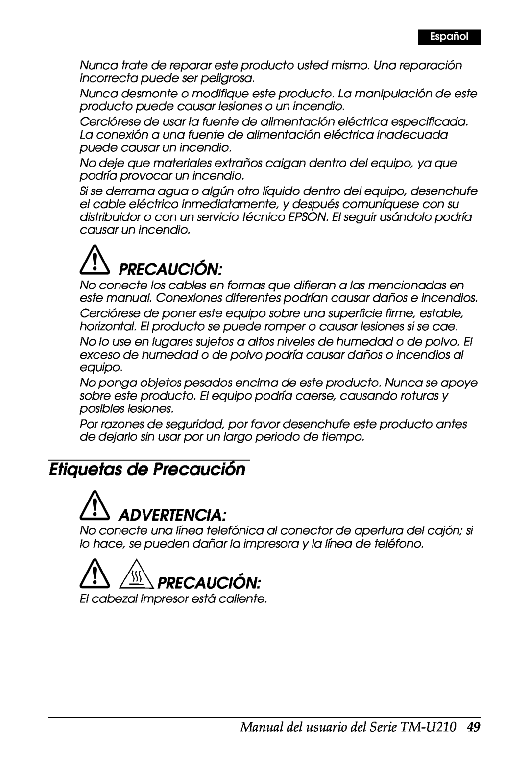 Epson M119D, M119B, M119A, TM-U210B user manual Etiquetas de Precaución, Advertencia, Manual del usuario del Serie TM-U210 