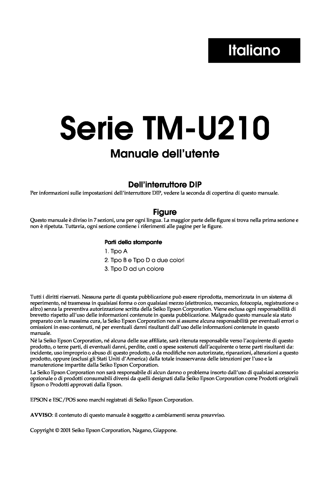 Epson TM-U210 Series, M119B, M119D, M119A, TM-U210B Italiano, Serie TM-U210 Manuale dell’utente, Dell’interruttore DIP 