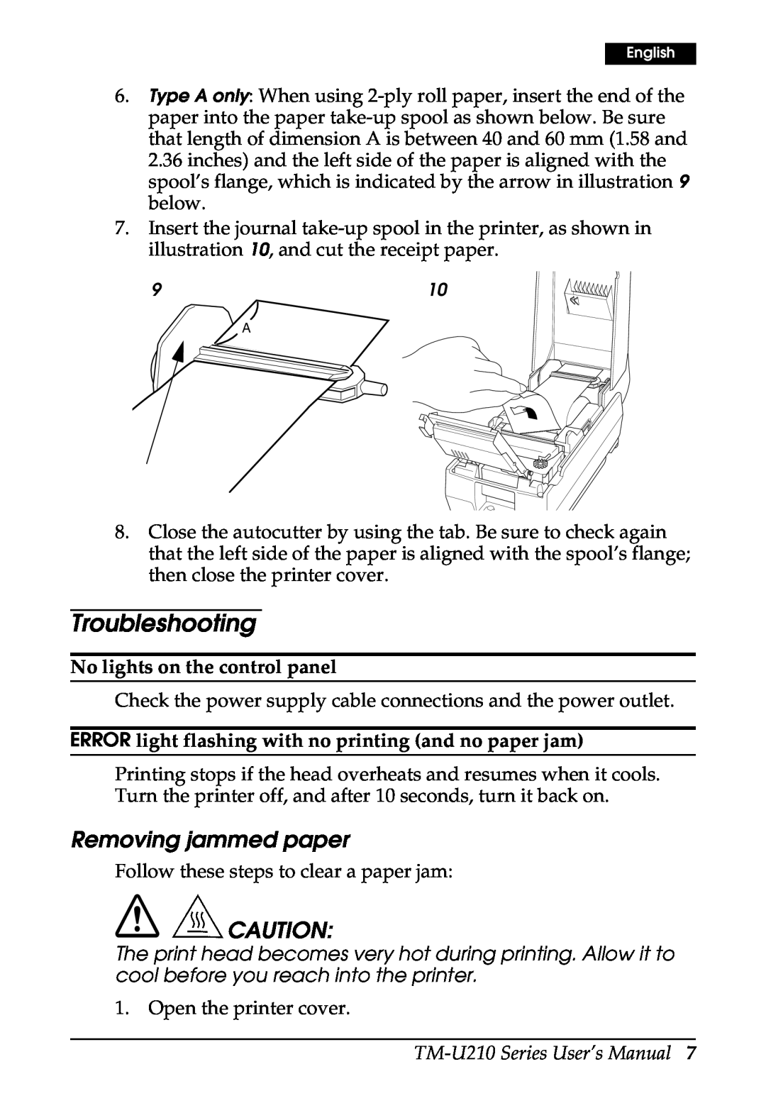 Epson M119B, M119D Troubleshooting, Removing jammed paper, No lights on the control panel, TM-U210 Series User’s Manual 