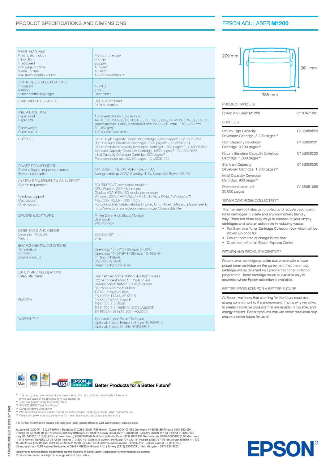 Epson manual EPSON ACULASER M1200, Product Specifications And Dimensions, 279 mm 261 mm, 385 mm 
