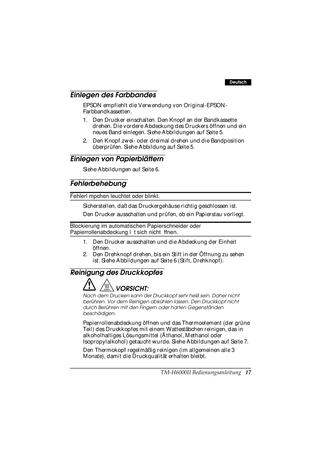 Epson M147B, M147C manual Einlegen des Farbbandes, Einlegen von Papierblättern, Fehlerbehebung, Reinigung des Druckkopfes 