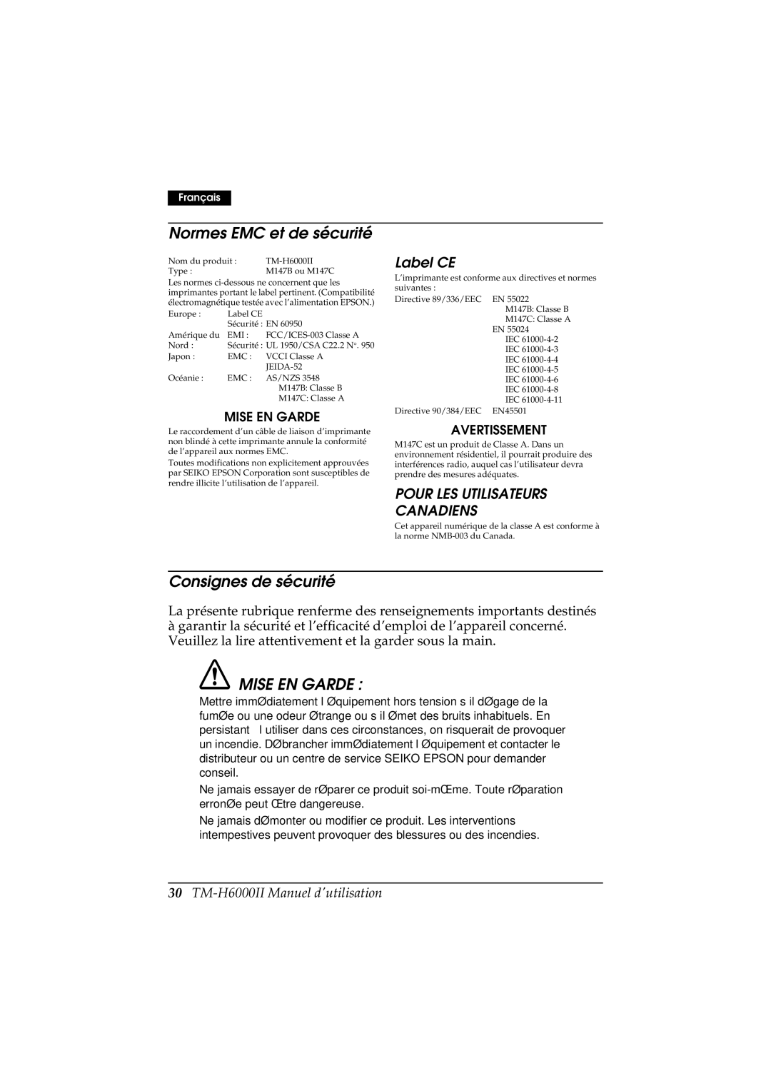 Epson M147C Normes EMC et de sécurité, Consignes de sécurité, Mise EN Garde, Label CE, TM-H6000II Manuel dutilisation 