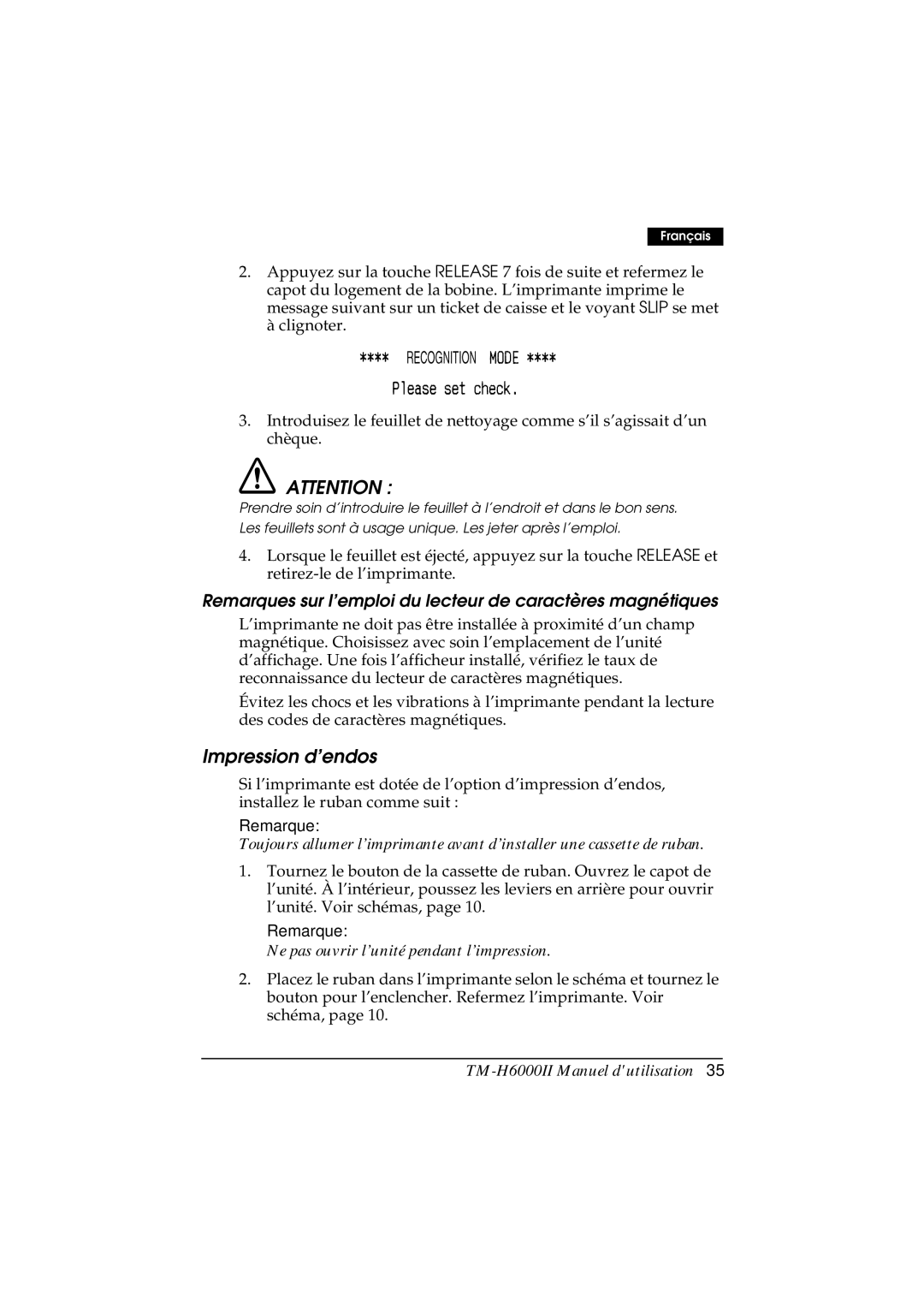 Epson M147B, M147C manual Impression d’endos, Remarques sur l’emploi du lecteur de caractères magnétiques 