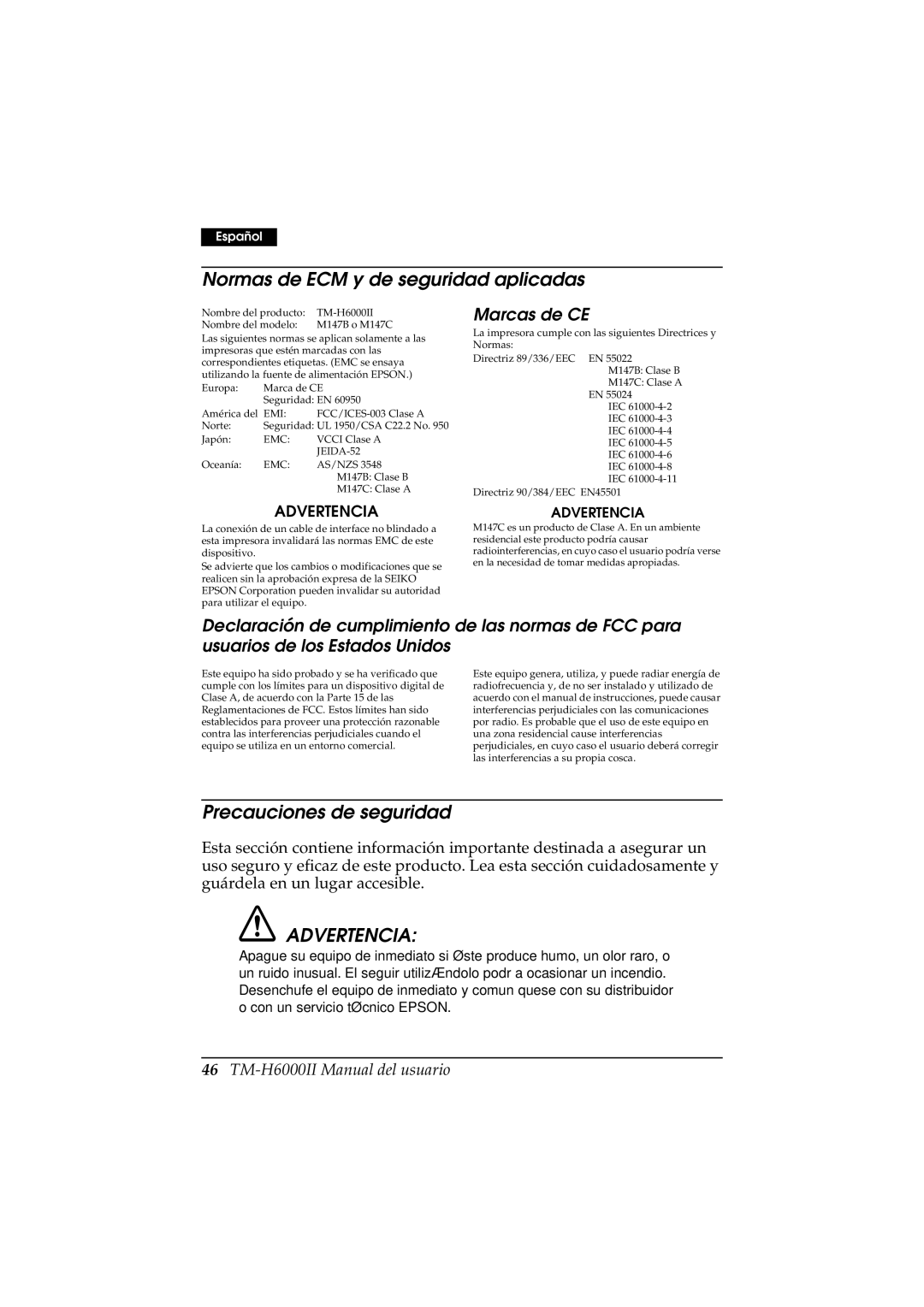 Epson M147C, M147B manual Normas de ECM y de seguridad aplicadas, Precauciones de seguridad, Advertencia, Marcas de CE 