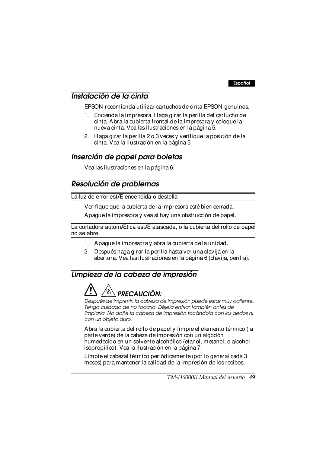 Epson M147B, M147C manual Instalación de la cinta, Inserción de papel para boletas, Resolución de problemas 