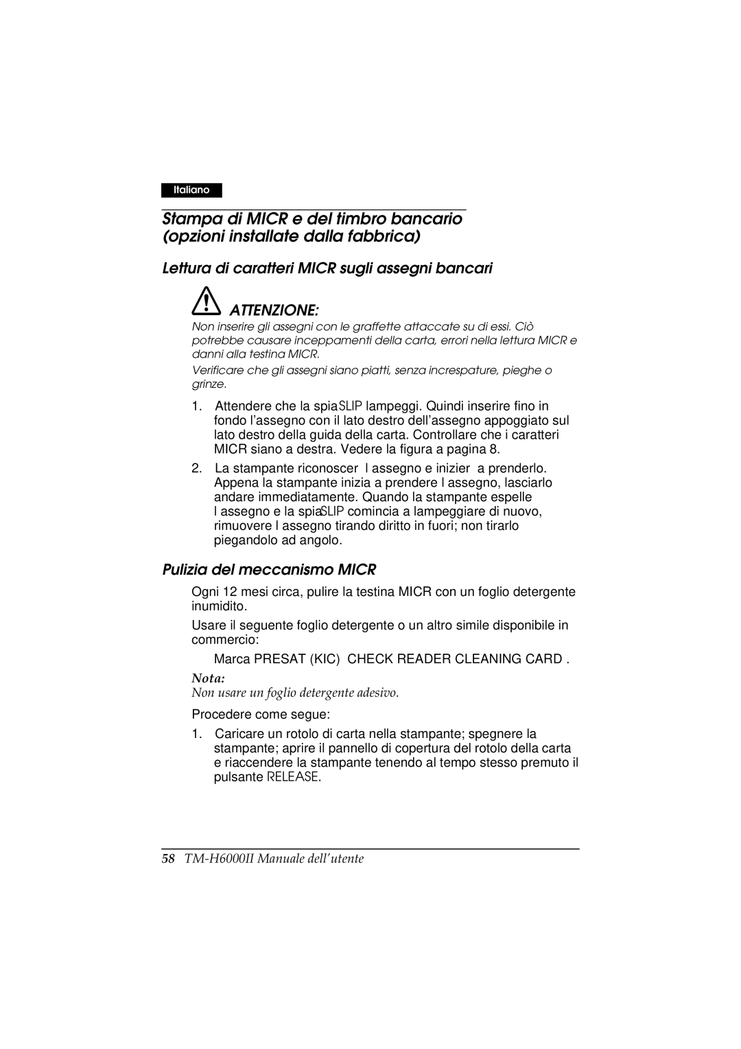 Epson M147C, M147B manual Lettura di caratteri Micr sugli assegni bancari, Pulizia del meccanismo Micr 