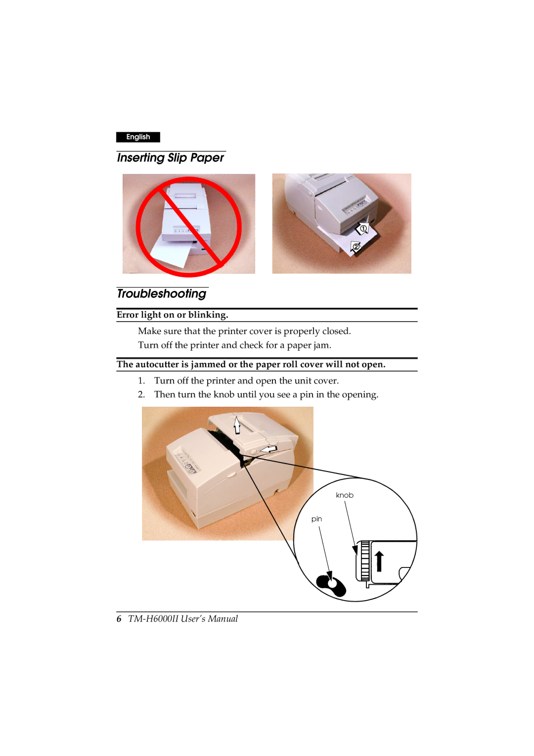 Epson M147C, M147B manual Inserting Slip Paper Troubleshooting, Error light on or blinking 