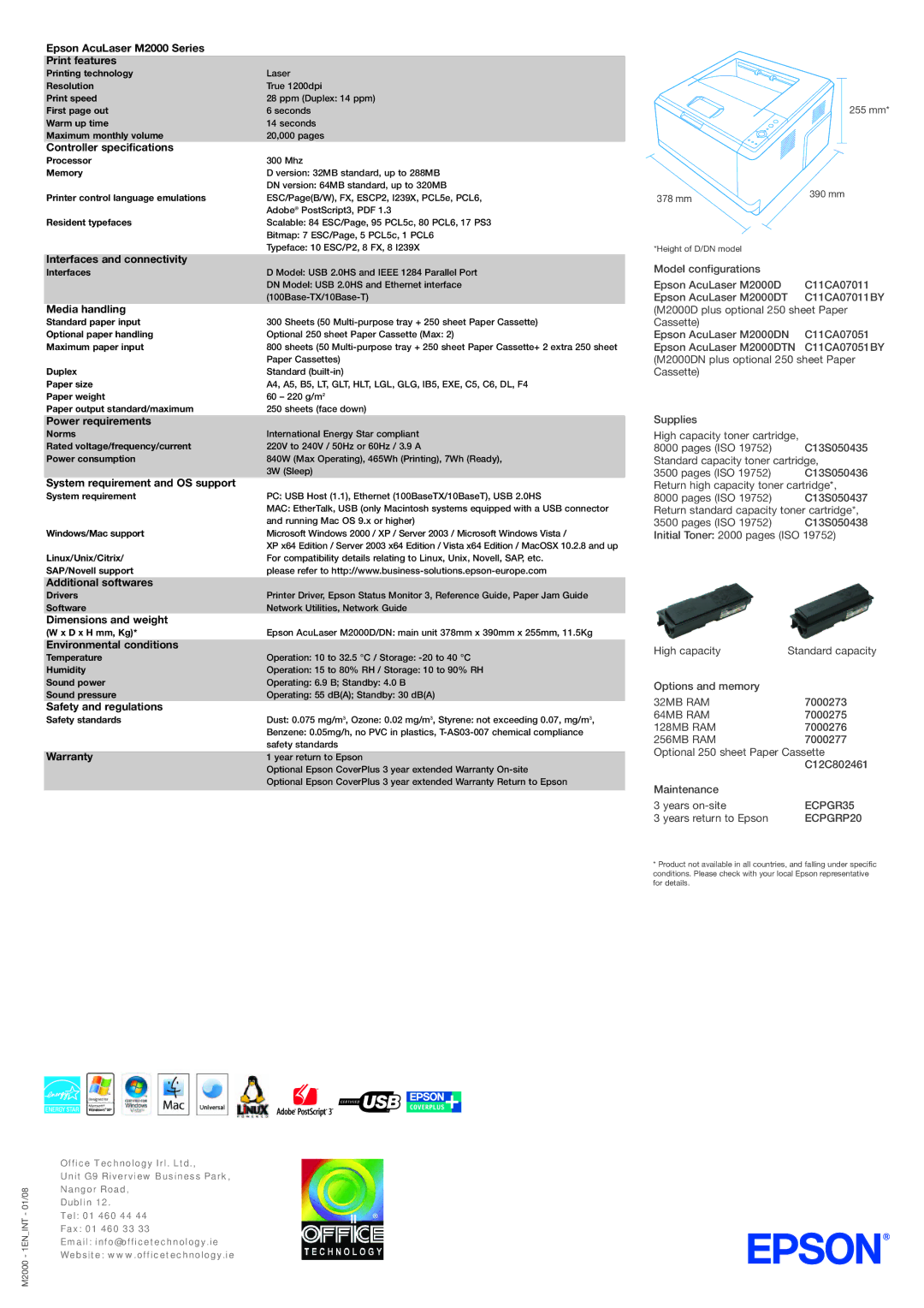 Epson Epson AcuLaser M2000 Series Print features, Controller specifications, Interfaces and connectivity, Warranty 