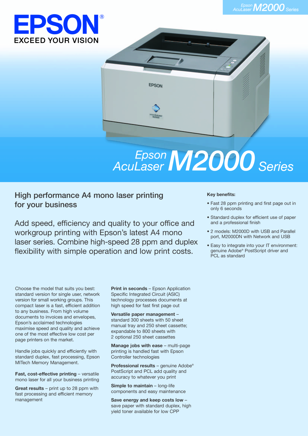 Epson M2000 manual High performance A4 mono laser printing for your business, Key benefits, Save energy and keep costs low 
