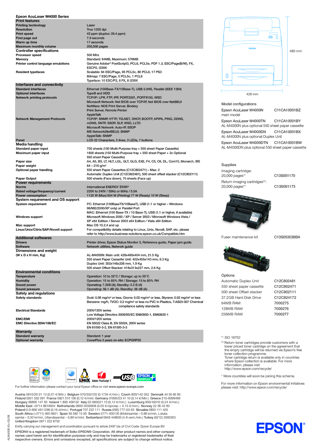 Epson Epson AcuLaser M4000 Series Print features, Controller specifications, Interfaces and connectivity, Warranty 