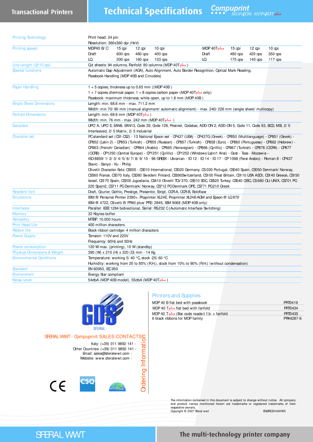 Epson MDP40T, MDP40B manual Technical Specifications 