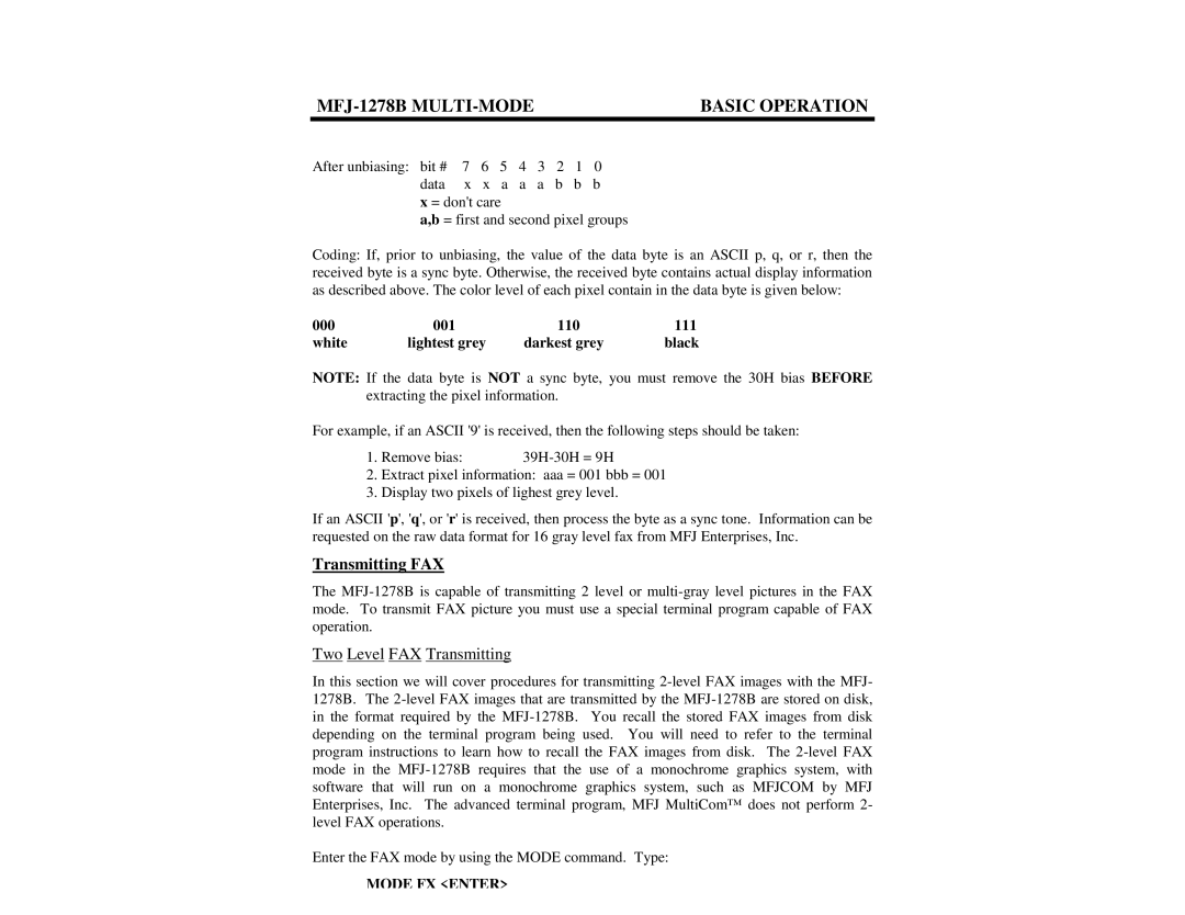 Epson MFJ-1278B manual Transmitting FAX, Two Level FAX Transmitting, 000 001 110 111 White Lightest grey Darkest grey Black 