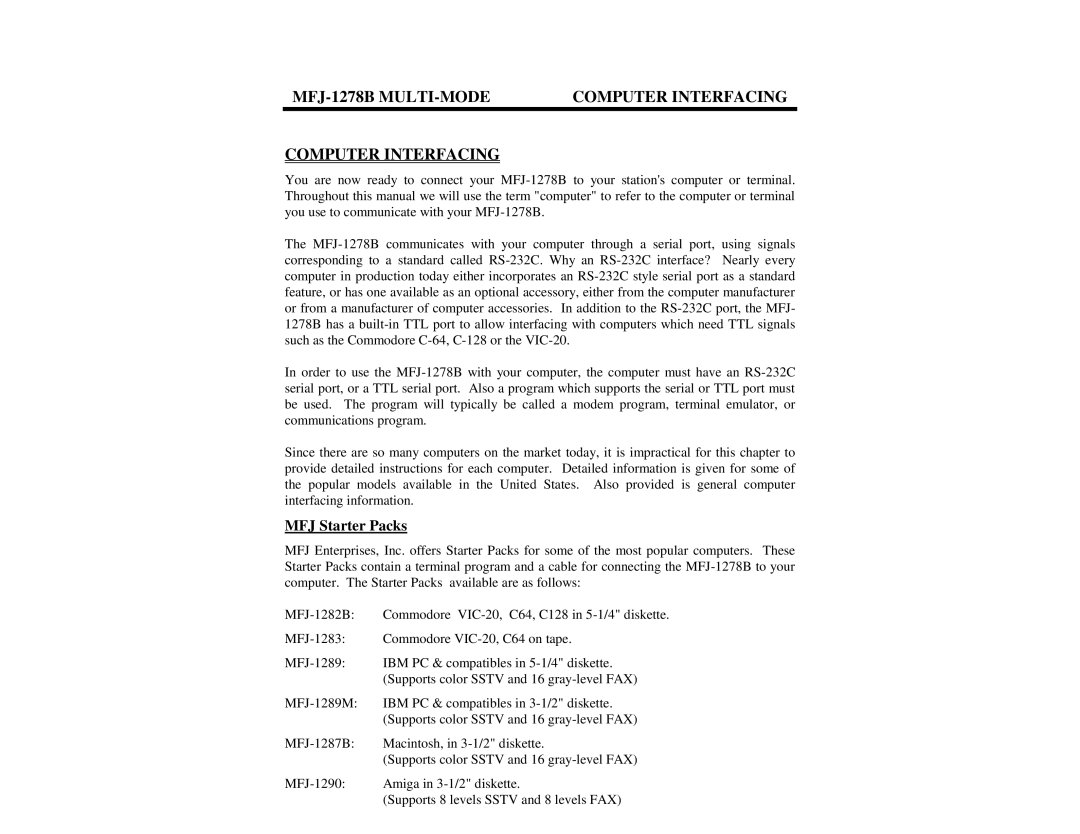 Epson manual MFJ-1278B MULTI-MODE Computer Interfacing, MFJ Starter Packs 
