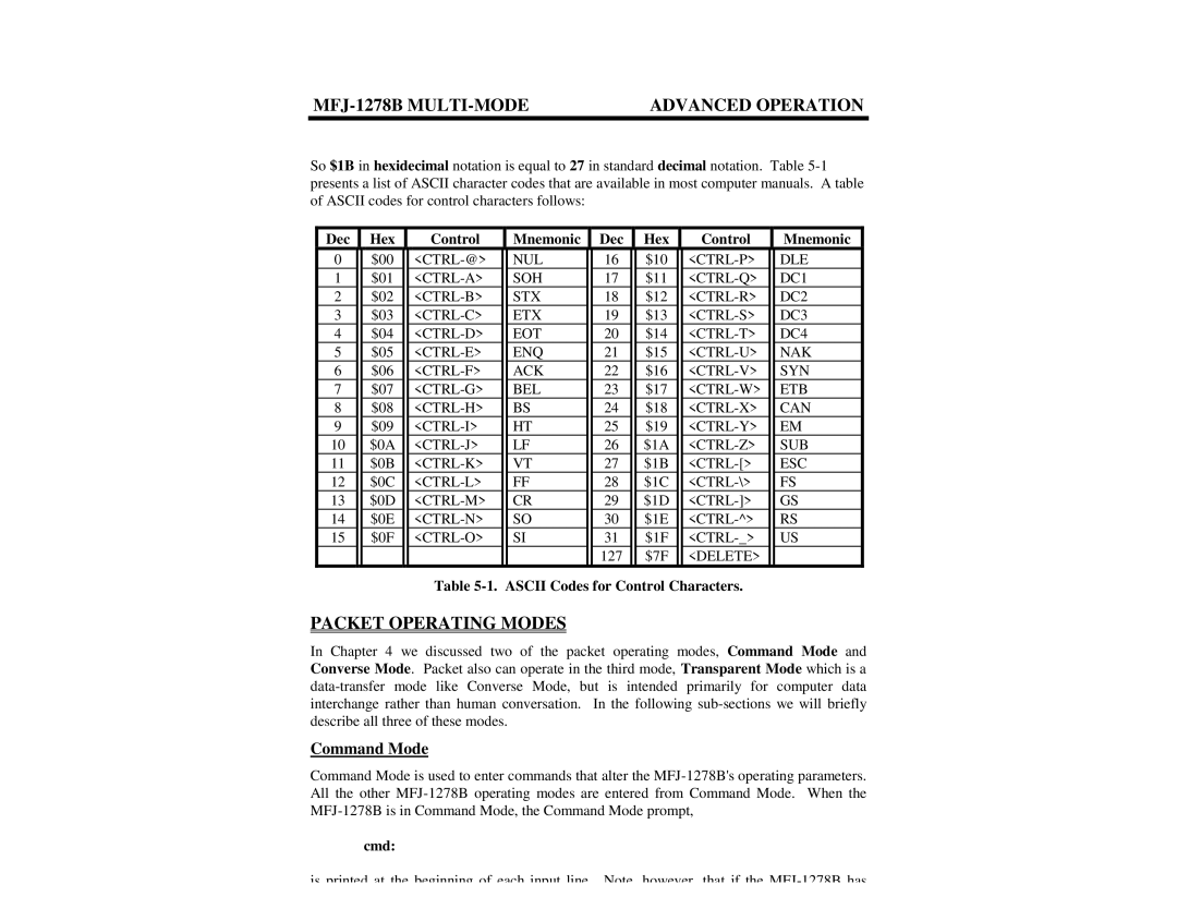 Epson manual MFJ-1278B MULTI-MODE Advanced Operation, Packet Operating Modes, Command Mode, Dec Hex Control Mnemonic 