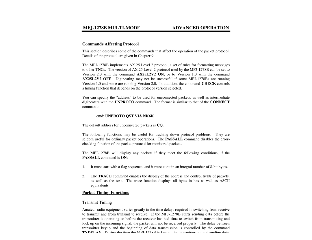 Epson MFJ-1278B manual Commands Affecting Protocol, Packet Timing Functions, Transmit Timing, Cmd Unproto QST VIA NK6K 