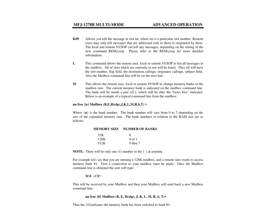 Epson MFJ-1278B manual Nn free n Mailbox B,E,Help,J,K,L,M,R,S,T, Memory Size Number of Banks 