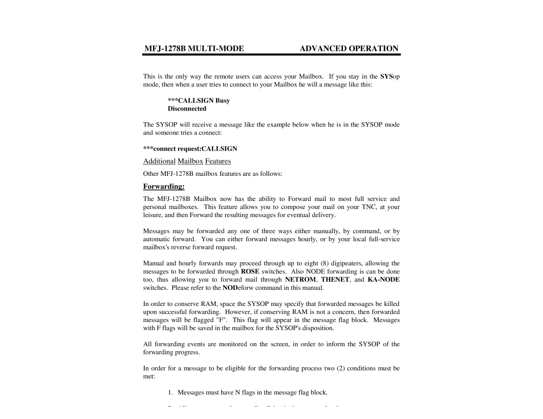 Epson MFJ-1278B manual Additional Mailbox Features, Forwarding, Callsign Busy Disconnected, Connect requestCALLSIGN 