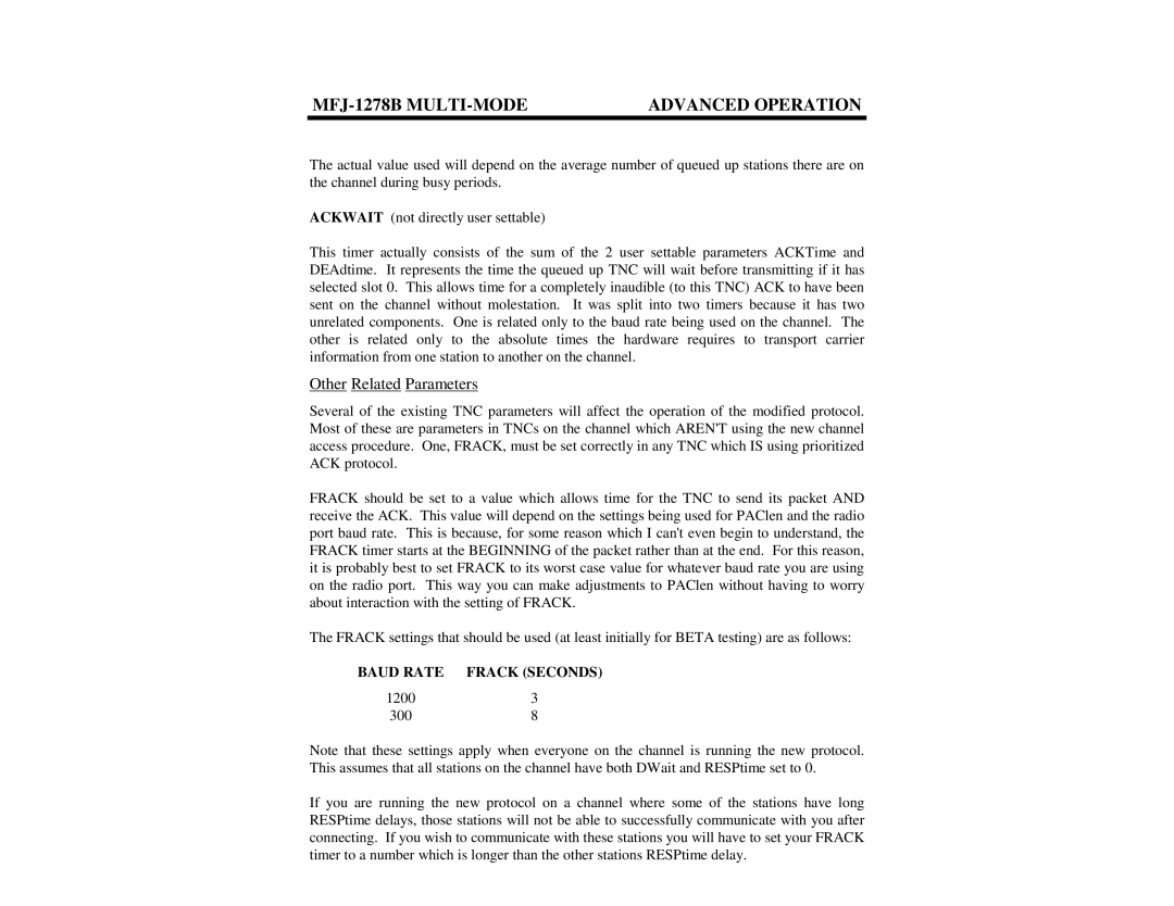 Epson MFJ-1278B manual Other Related Parameters, Baud Rate Frack Seconds 