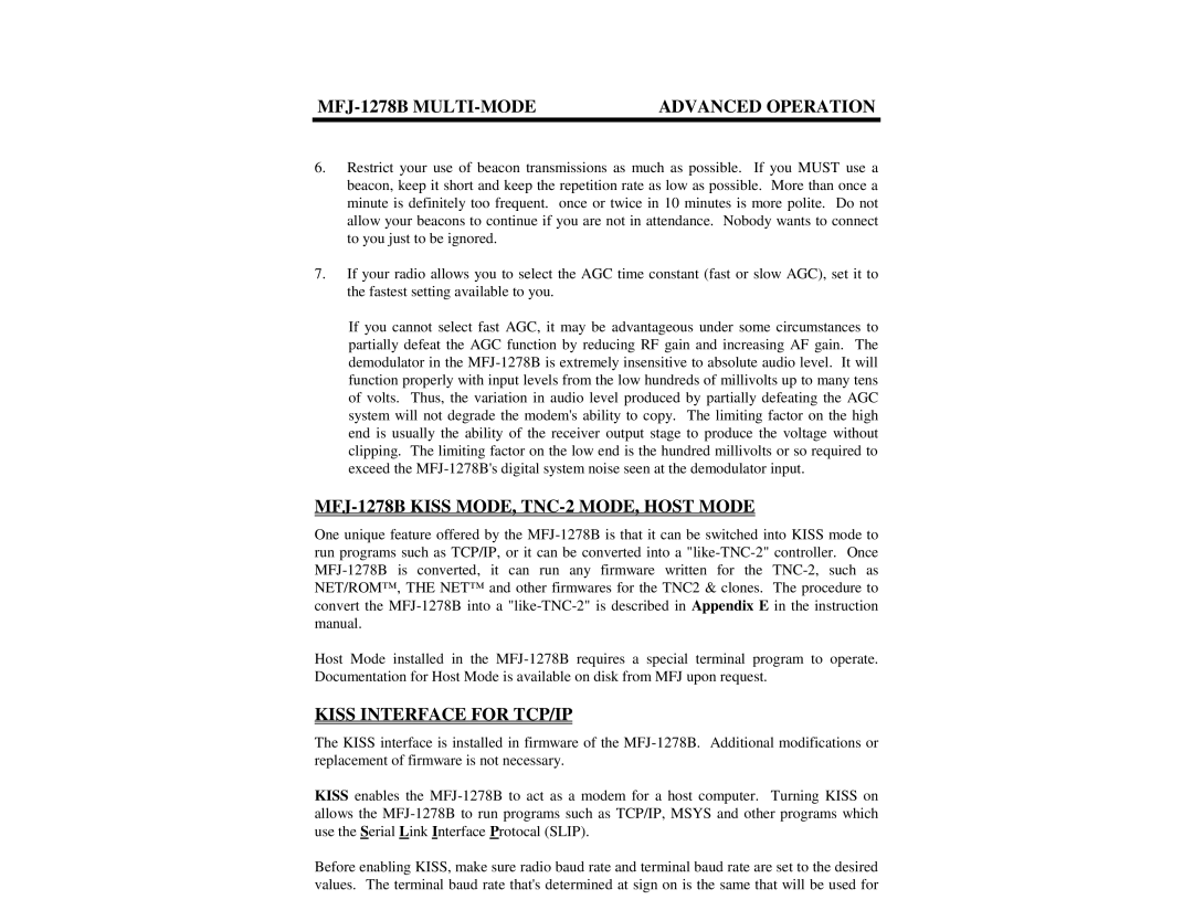 Epson manual MFJ-1278B Kiss MODE, TNC-2 MODE, Host Mode, Kiss Interface for TCP/IP 