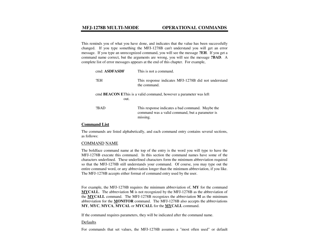 Epson manual MFJ-1278B MULTI-MODE Operational Commands, Command List, Defaults, Cmd Asdfasdf 