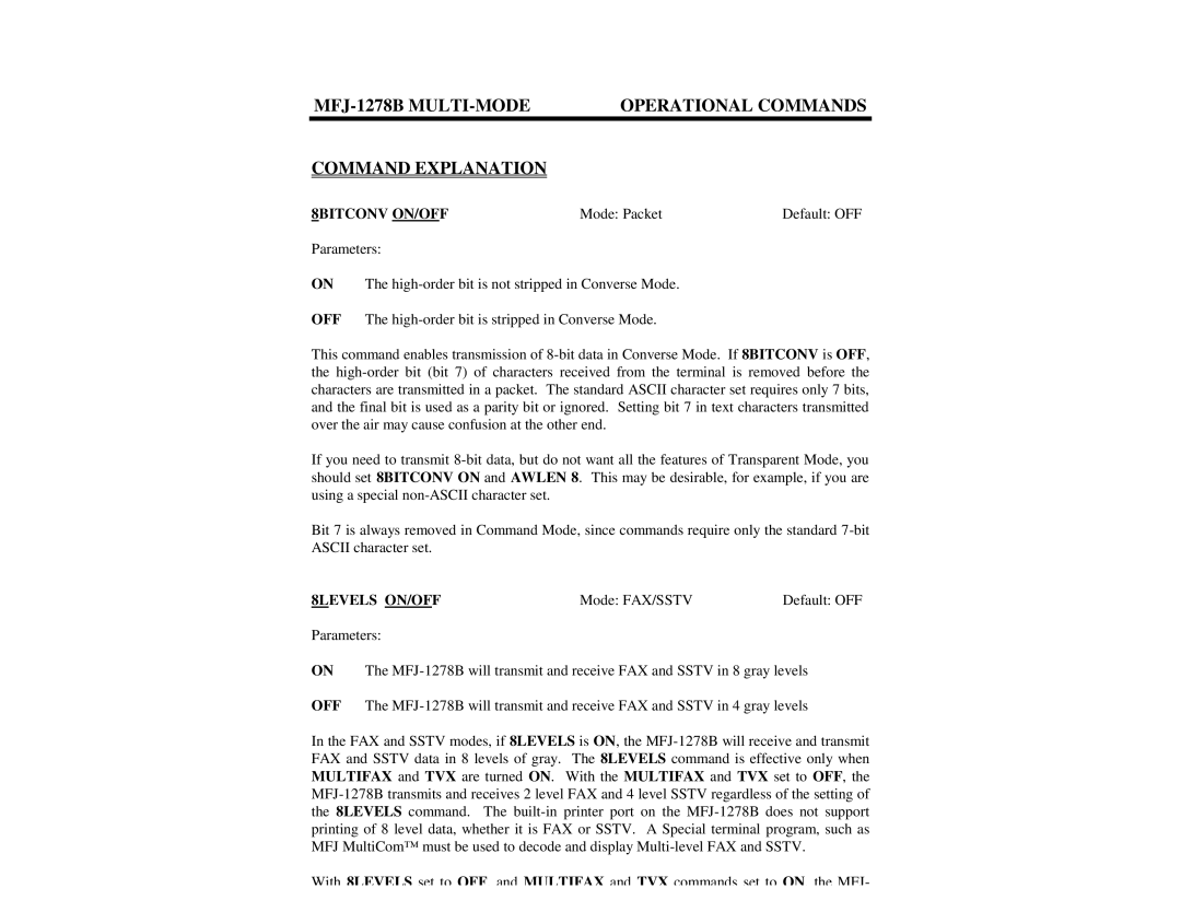 Epson MFJ-1278B manual 8BITCONV ON/OFF, Mode Packet Default OFF, 8LEVELS ON/OFF, Mode FAX/SSTV Default OFF 