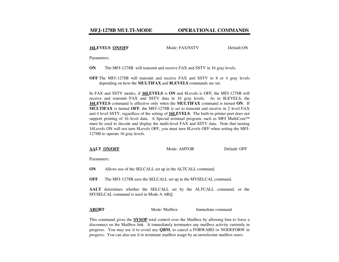 Epson MFJ-1278B manual 16LEVELS ON/OFF, Mode FAX/SSTV DefaultON, Aalt ON/OFF, Mode Amtor Default OFF, Abort 