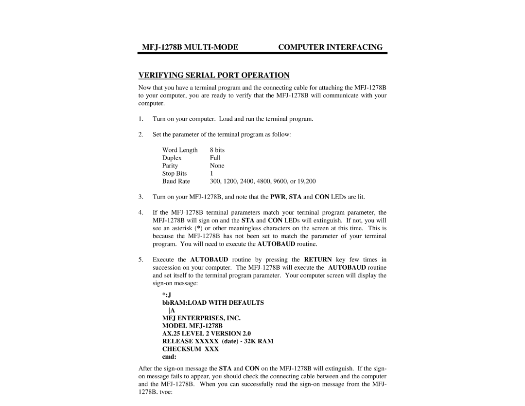 Epson manual BbRAMLOAD with Defaults a, MFJ ENTERPRISES, INC. Model MFJ-1278B 