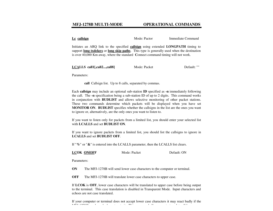 Epson MFJ-1278B manual Lc callsign, Lcalls call1,call2...,call8, Lcok Onoff 