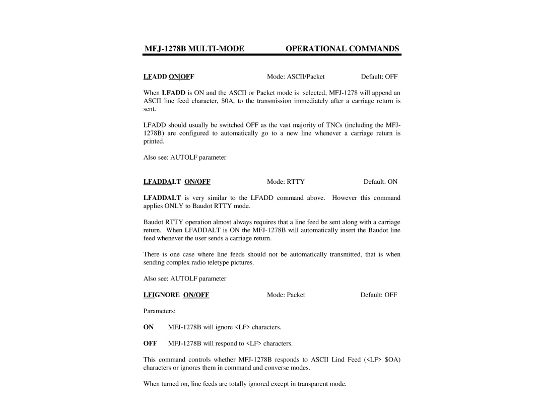 Epson MFJ-1278B manual Lfadd Onoff, Mode ASCII/Packet Default OFF, Lfaddalt ON/OFF, Lfignore ON/OFF 