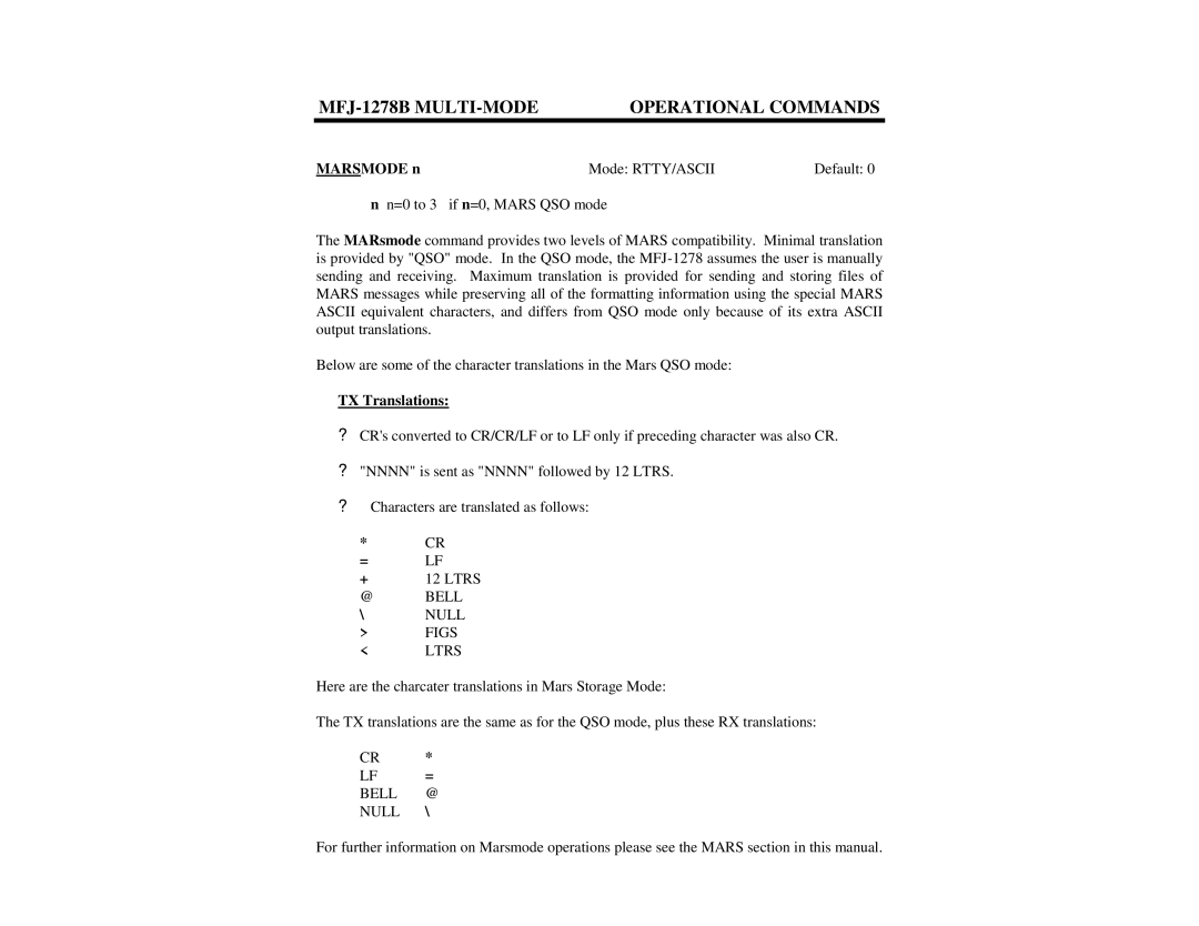 Epson MFJ-1278B manual Marsmode n, TX Translations, @ Bell \ Null Figs Ltrs, Bell Null 