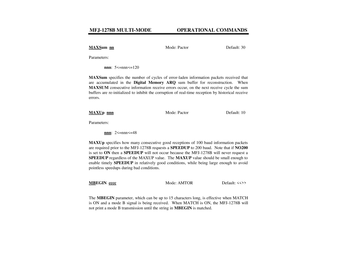 Epson MFJ-1278B manual MAXSum nn Mode Pactor Default, MAXUp nnn Mode Pactor Default, Mbegin cccc Mode Amtor Default 