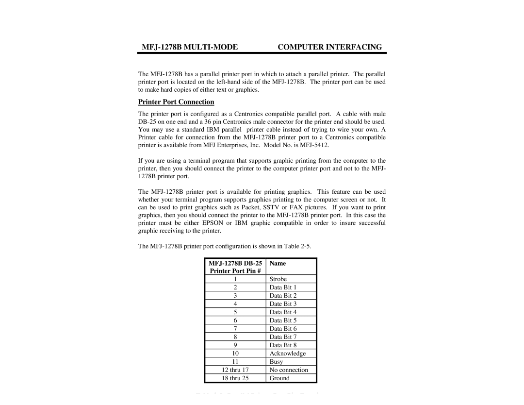 Epson manual Printer Port Connection, MFJ-1278B DB-25 Name Printer Port Pin # 