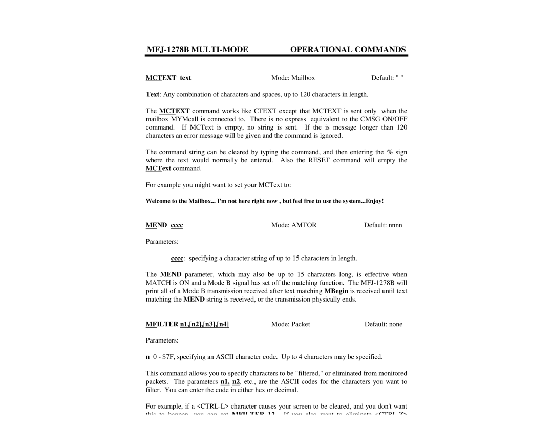 Epson MFJ-1278B manual Mctext text, Mend cccc Mode Amtor Default nnnn, Mfilter n1,n2,n3,n4 Mode Packet Default none 