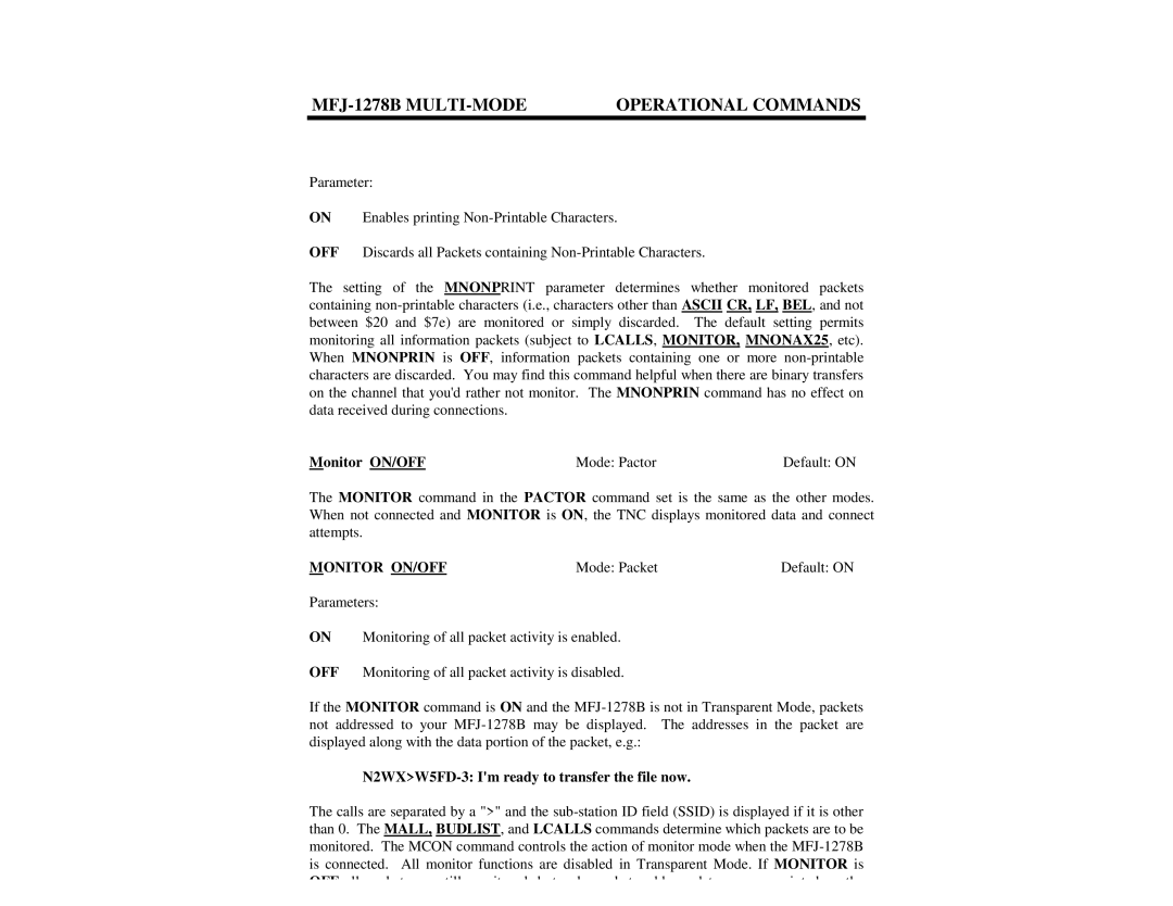 Epson MFJ-1278B manual Monitor ON/OFF Mode Pactor Default on, N2WXW5FD-3 Im ready to transfer the file now 