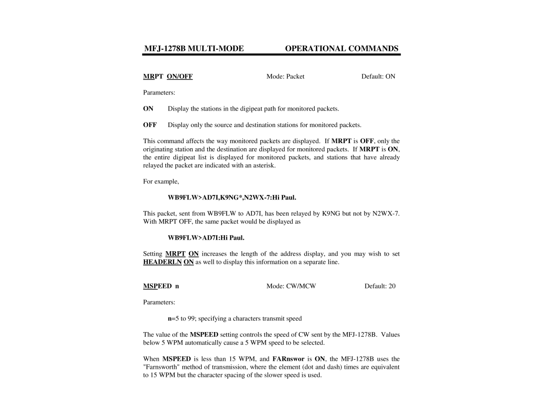 Epson MFJ-1278B manual Mrpt ON/OFF, WB9FLWAD7I,K9NG*,N2WX-7Hi Paul, WB9FLWAD7IHi Paul, Mspeed n 