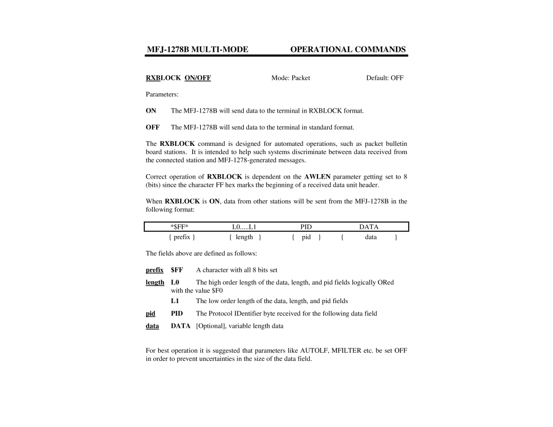 Epson MFJ-1278B manual Rxblock ON/OFF, $Ff, Pid, Data 