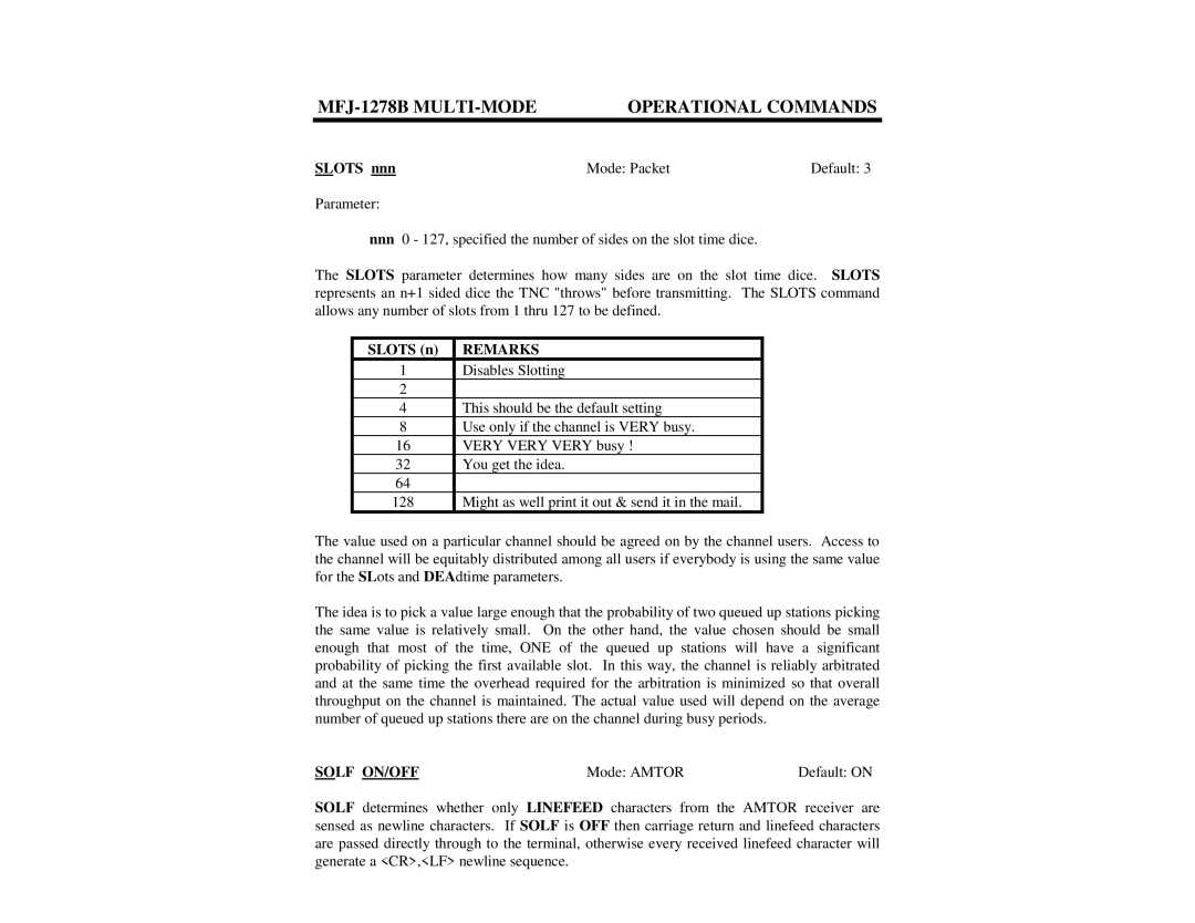 Epson MFJ-1278B manual Slots nnn Mode Packet Default, Solf ON/OFF 