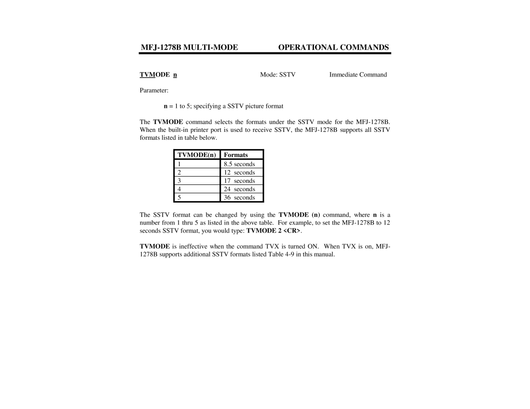 Epson MFJ-1278B manual Tvmode n Mode Sstv Immediate Command, TVMODEn Formats 