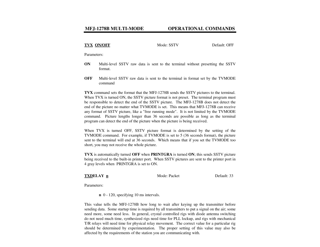 Epson MFJ-1278B manual Tvx On/Off, Txdelay n Mode Packet Default 