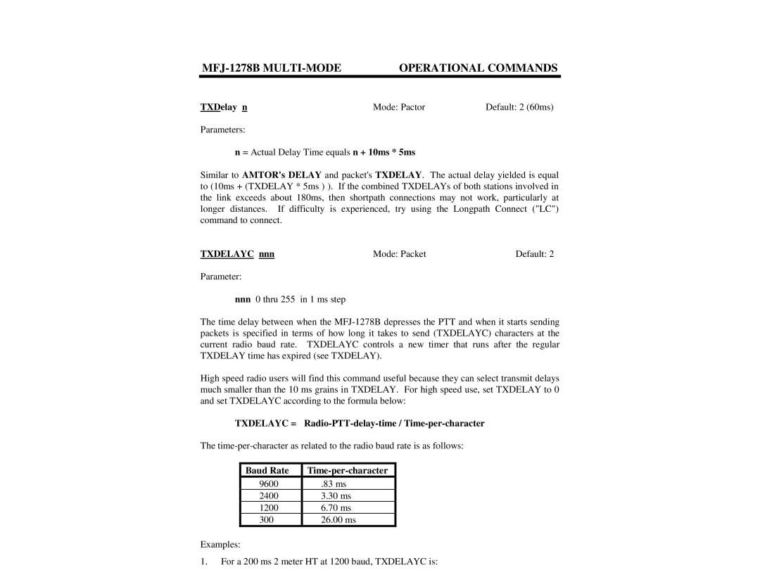 Epson MFJ-1278B TXDelay n Mode Pactor Default 2 60ms, Txdelayc nnn, Txdelayc = Radio-PTT-delay-time / Time-per-character 