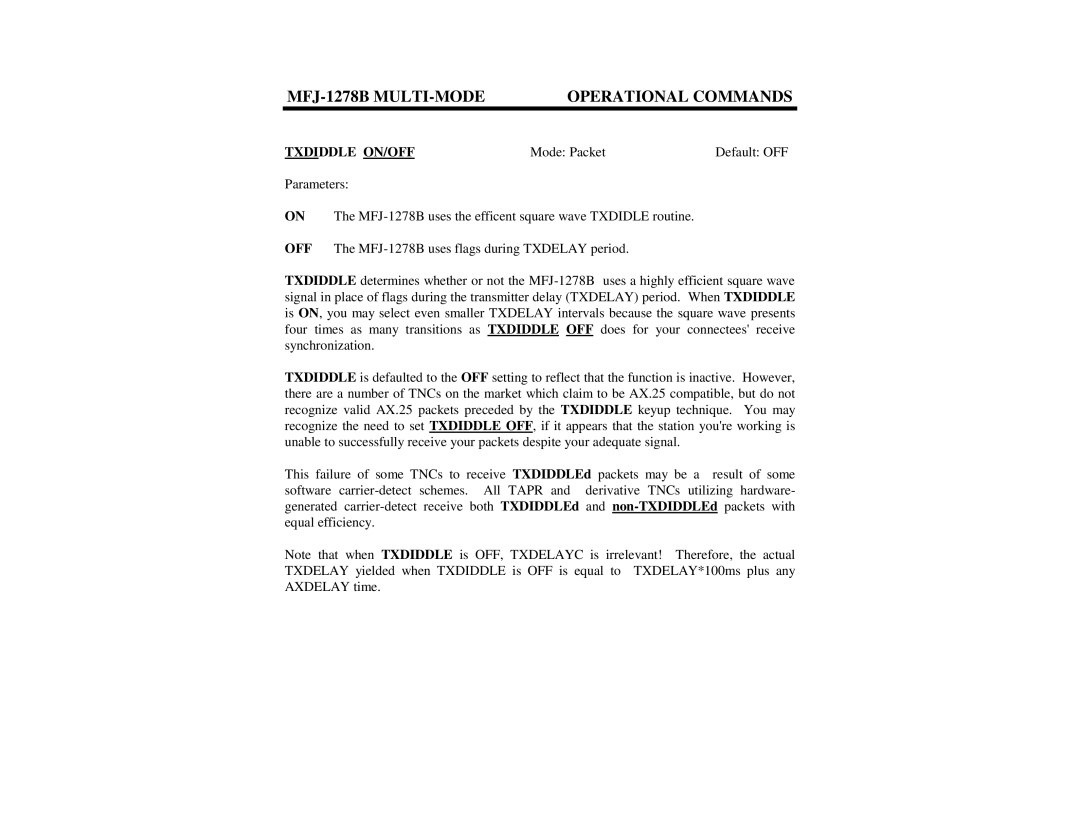 Epson MFJ-1278B manual Txdiddle ON/OFF, Mode Packet Default OFF 